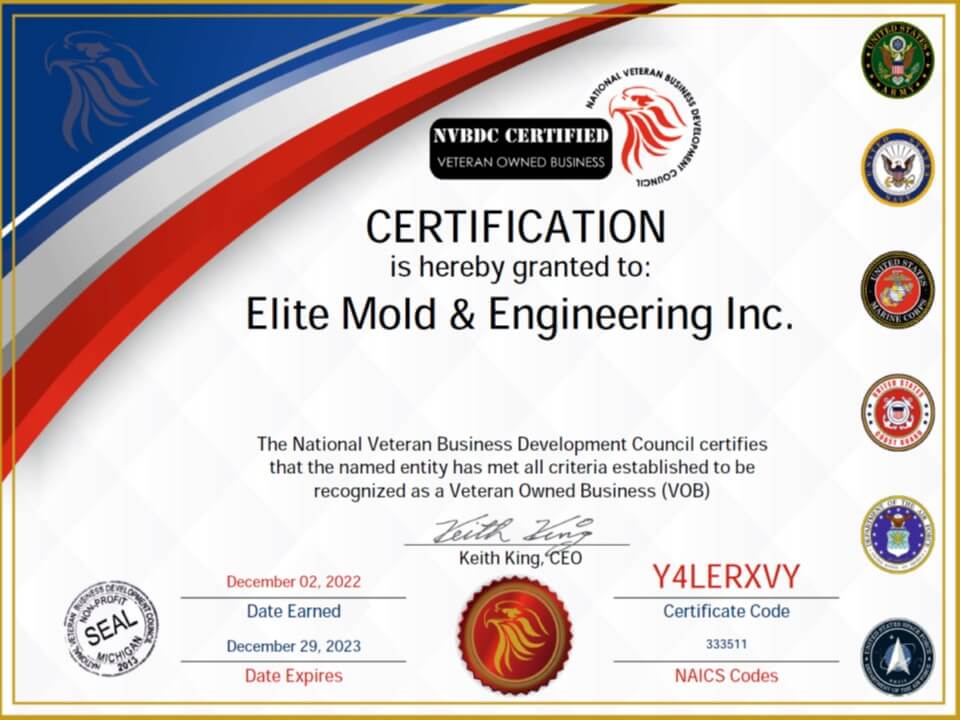 VOB Certification, Veteran Owned Business Elite Mold & Engineering 