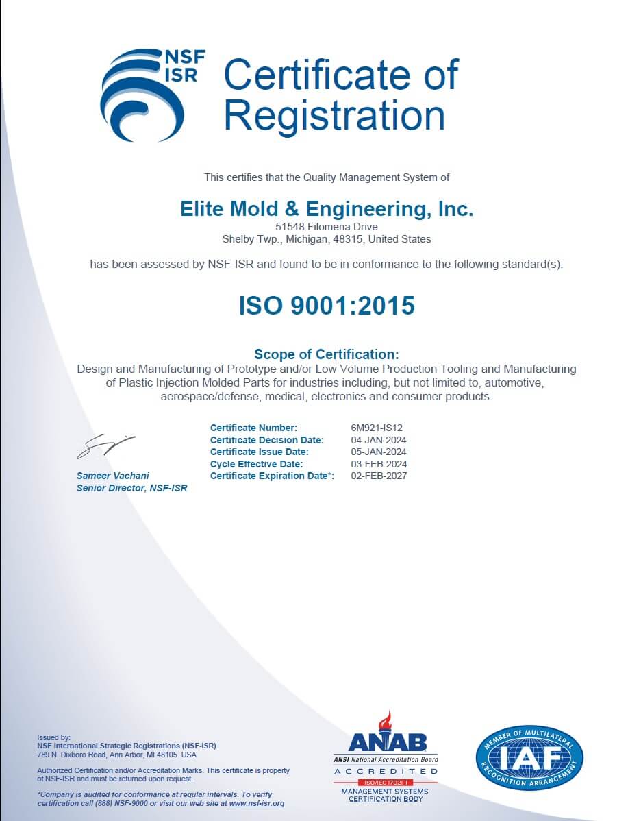 Image of an ISO 9001 Certificate for Elite Mold & Engineering, Inc.